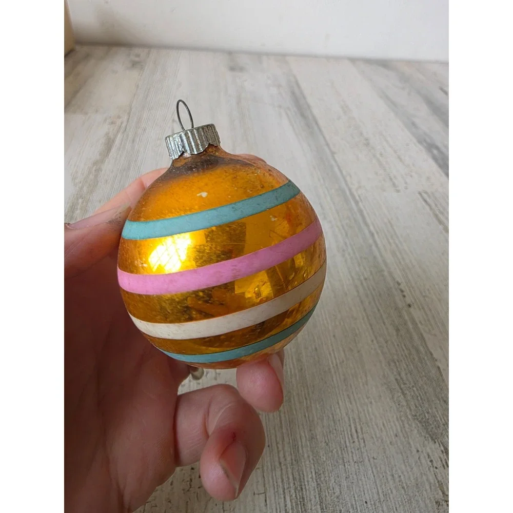 Vintage shiny Brite copper striped glass ornament green pink Xmas tree